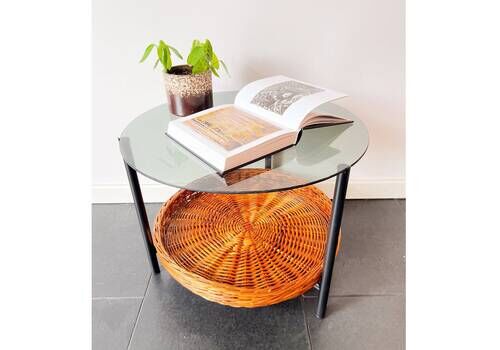 Vintage Coffee Table / Side Table Rohé Noordwolde   Smoked Glass   Wicker Basket   Dutch Design   60s   Mid Century
