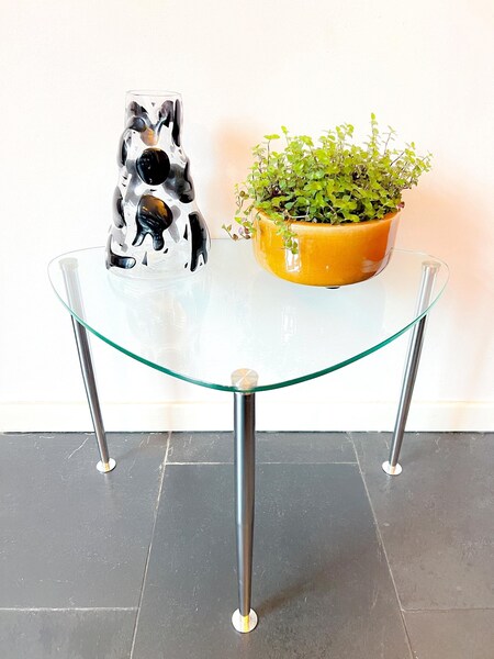Vintage Triangular Coffee Table / Side Table   Tempered Glass, Chrome   Minimalist   Modernist   Postmodern