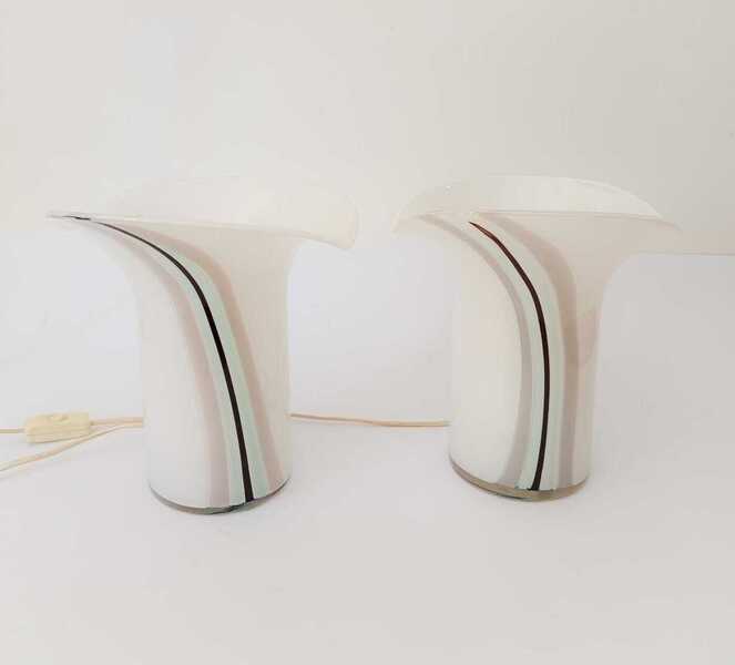 Pair Of Calla Veart Table Lamps In White Murano Glass With Vintage 80s Lampshade Bands