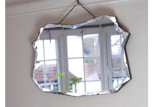 Art Deco Mirror. Fabulous Unusual Shape. Frameless With Bevelled Edge. Ready To Hang On Original Visible Chain.