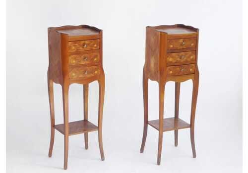 Antique Pair Of Marquetry Louis XV Style Nightstands, Small French Bedside Tables With Drawers, Mini Chests With Floral Details