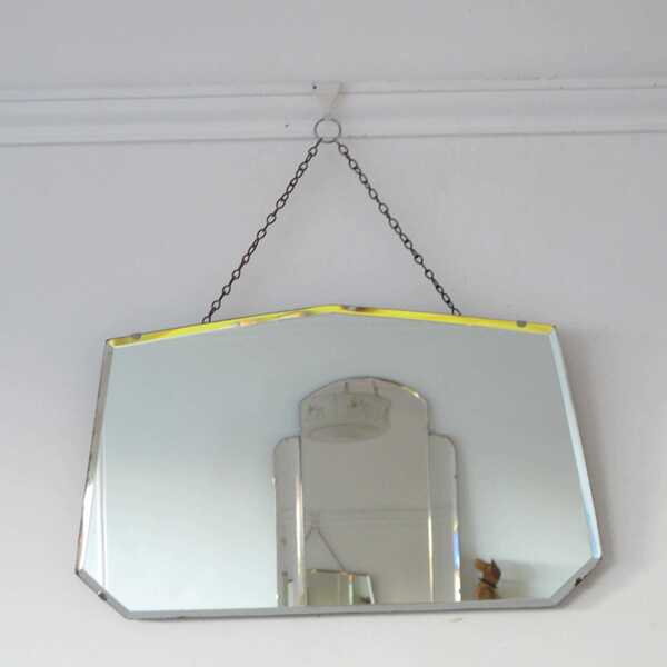 Art Deco Frameless Bevelled Mirror. Seven Sided. Ready To Hang On Original Visible Chain.