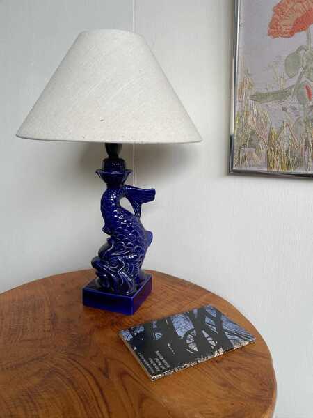 Vintage Deep Blue Ceramic Japanese Style Fish Table Lamp With Off White Shade