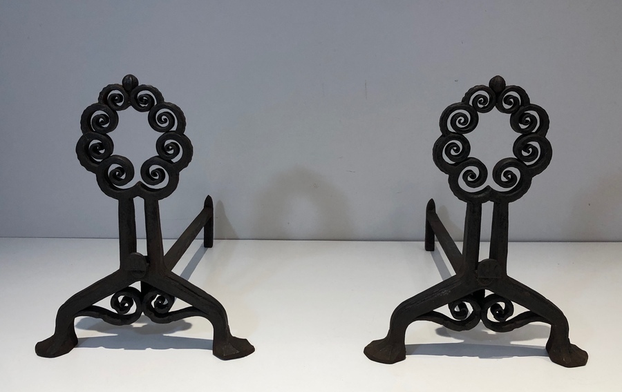 Pair Of Art Nouveau Hammered Wrought Iron Andirons Signed Wanner Geneva