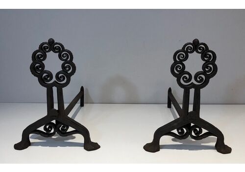 Pair Of Art Nouveau Hammered Wrought Iron Andirons Signed Wanner Geneva