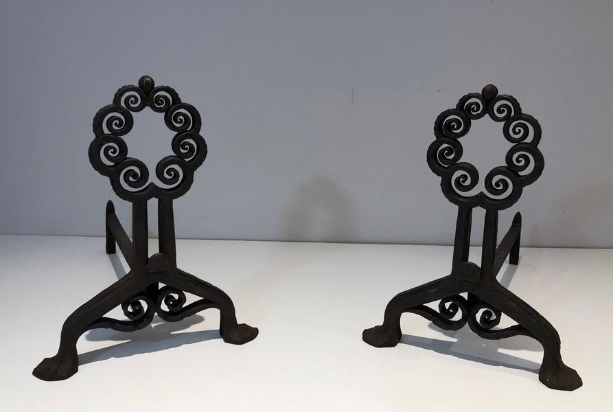 Pair Of Art Nouveau Hammered Wrought Iron Andirons Signed Wanner Geneva photo furniture