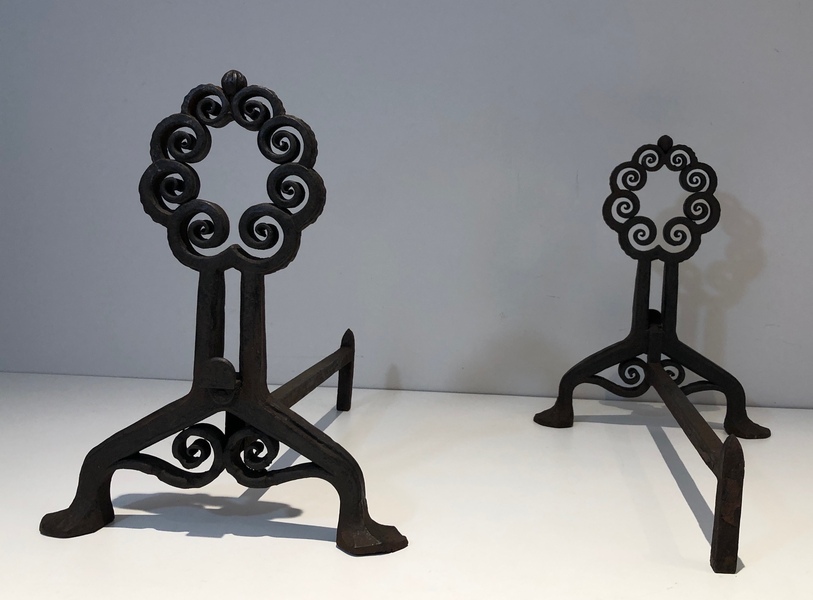Pair Of Art Nouveau Hammered Wrought Iron Andirons Signed Wanner Geneva photo for sale