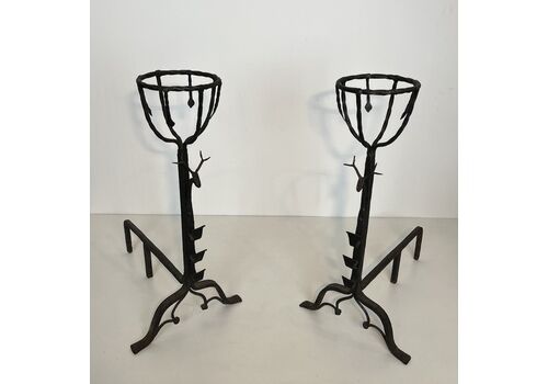 Important Pair Of Wrought Iron Andiers With Deer Heads