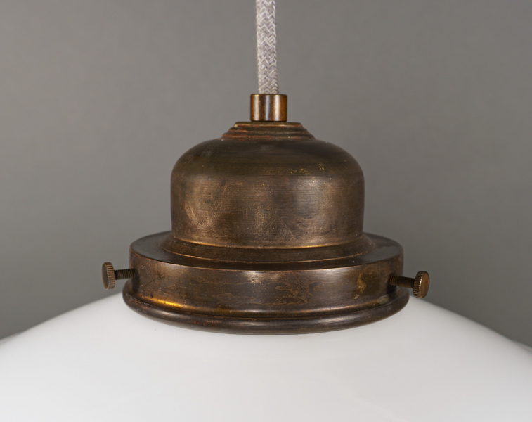 Antique English Opaline Glass School / Chapel Pendant Lamp With Domed Brass Gallery photo for sale
