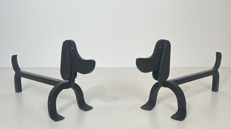 Pair Of Wrought Iron Andirons Depicting Dachshunds Attributed To Edouard Schenck