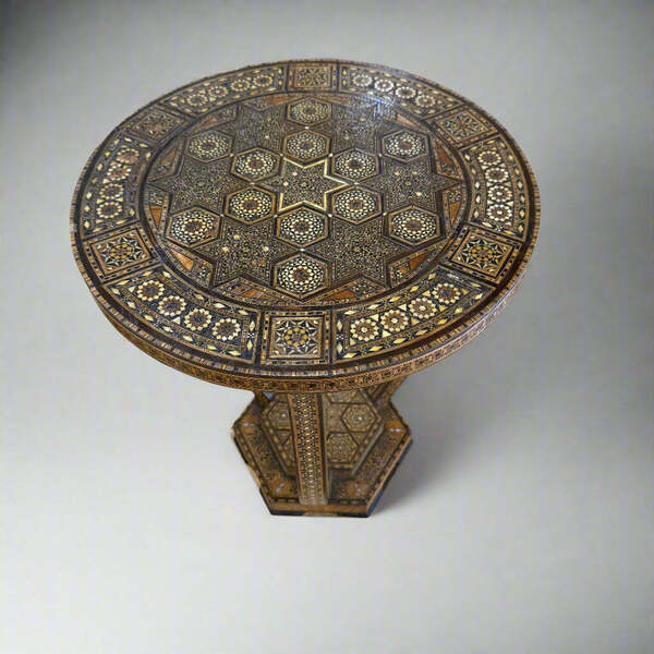 Damascus Table With Geometric Inlay And Curving Legs And Custom Made Glass Top Circa 1900