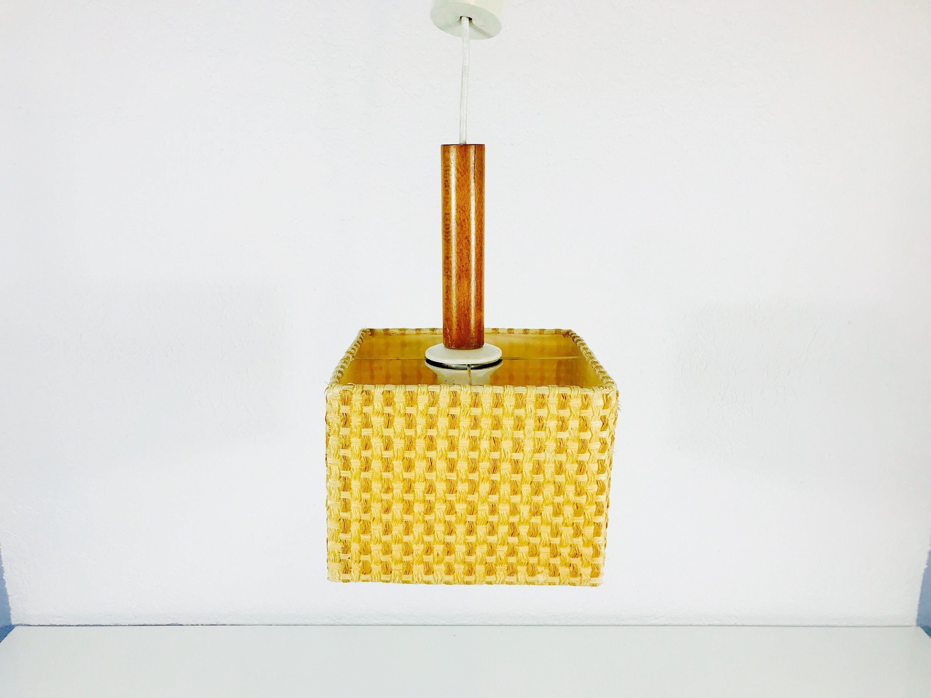 Beautiful Wooden Hanging Lamp Square Shade Germany 1970s 4 5