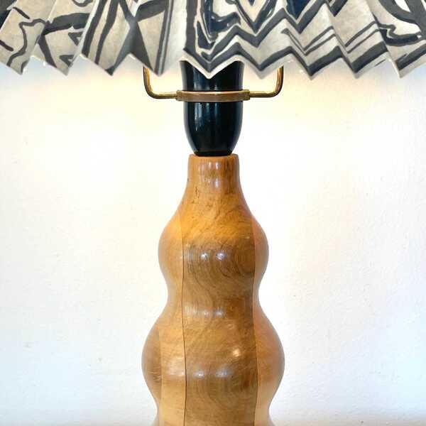Vintage Danish Design Mid Century Modern Table Lamp With Massive Wooden Base And Pleated Fabric Shade photo for sale