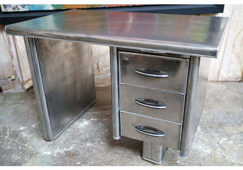A Mid Century Industrial Polished Steel Tanker Single Pedestal Desk C.1960