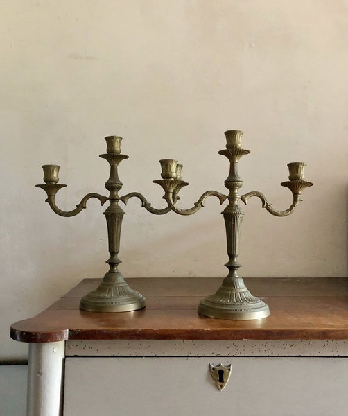 Antique Brass Candle Holders / Vintage Brass Candle Holders / French