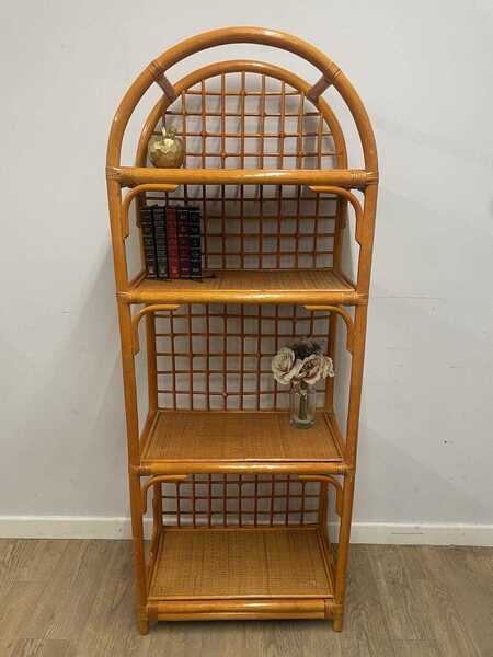 Vintage Rattan Shelf Unit – Boho Arched Bookcase – Cane Etagere Display Shelving