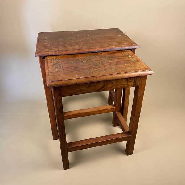 Antique Nest Of 2 Indian Wooden Tables Plant Stands Wood Gold Inlay Pattern Top Coffee Tables End Side Tables Swirly Pattern