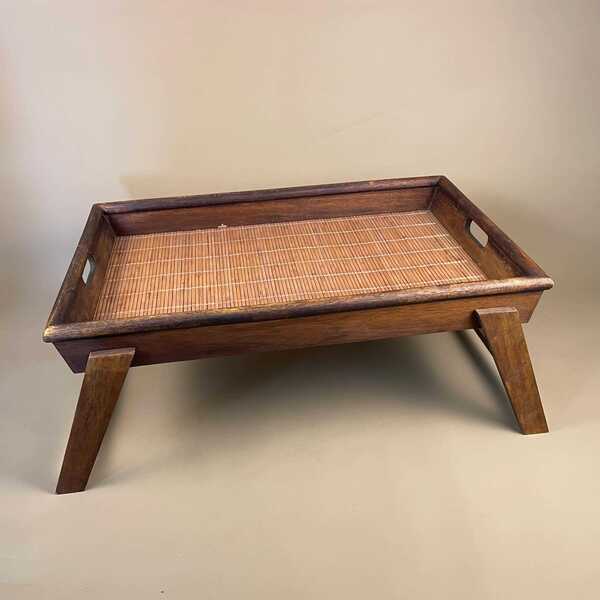 Vintage Wooden Fold Down Tray Table Bamboo Surface Small Coffee Display Table Boho Bohemian Fold Up Fold Down