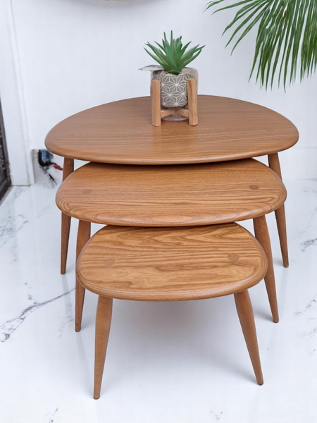 Vintage Mid Century Ercol Pebble Nest Of Tables Blonde Elm Occasional Table Vgc