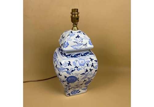 Vintage Ceramic Lamp Light Bedside Side Blue White Floral Vase Rounded Edges Cottage Retro Brass Fittings Oriental