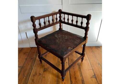 Antique Corner Wooden Chair Seat Armchair Vintage Wood Brown Accent Cottage Solid Patterned Leather Cushion Rush Inlaid Floral