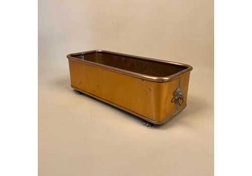 Rectangle Metal Copper Planter Lion Heads Handles Display Pot Jardiniere Aged Patina Vintage Antique Decorative Vase Old Indoor Home Decor
