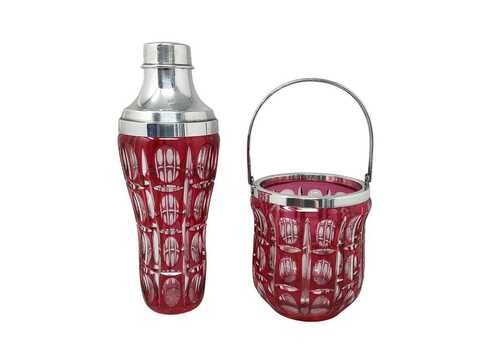 1960s Gorgeous Red Bohemian Cut Crystal Glass Cocktail Shaker With Ice Bucket. Made In Italy