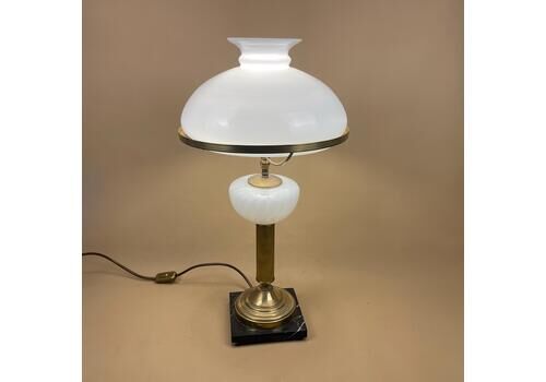 Vintage Oil Lamp Victorian Style Light Large Glass White Shade Black Square Marble Base Ornate Gold Column Antique Old Table Side Light