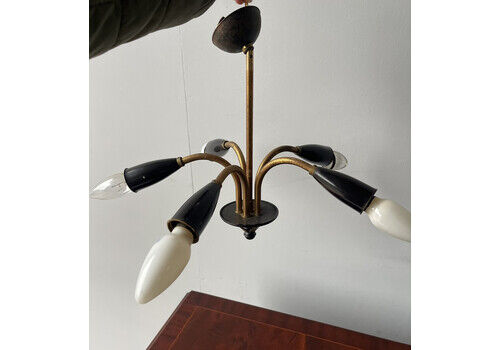 Vintage Italian Ceiling Light Lamp Fitting 5 Armed Brass And Black Sputnik Style