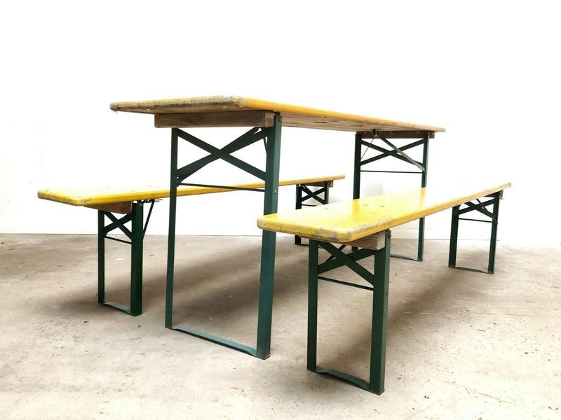 Vintage Industrial German Beer Table Bench Folding Set