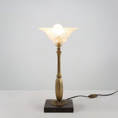 Art Nouveau Table Lamp With Brass And Marble Base And Glass Shade, 1920s