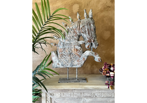 Large Hand Carved Horse Bust Sculpture – Reclaimed Wood On Iron Stand