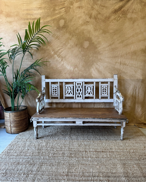 Vintage Reclaimed Teak Swing Bench – Hand Carved With Whitewashed Rotating Backrest