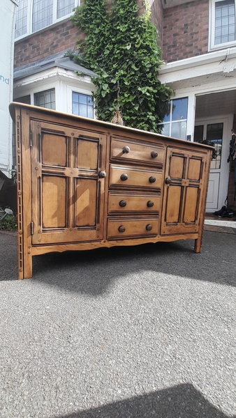 Vintage Ercol Solid Light Elm Sideboard With 4 Drawer And 2 Flanking Cupboards