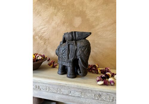 Hand Carved Vintage Elephant Planter – Dark Finish With Upside Down Figure Handle