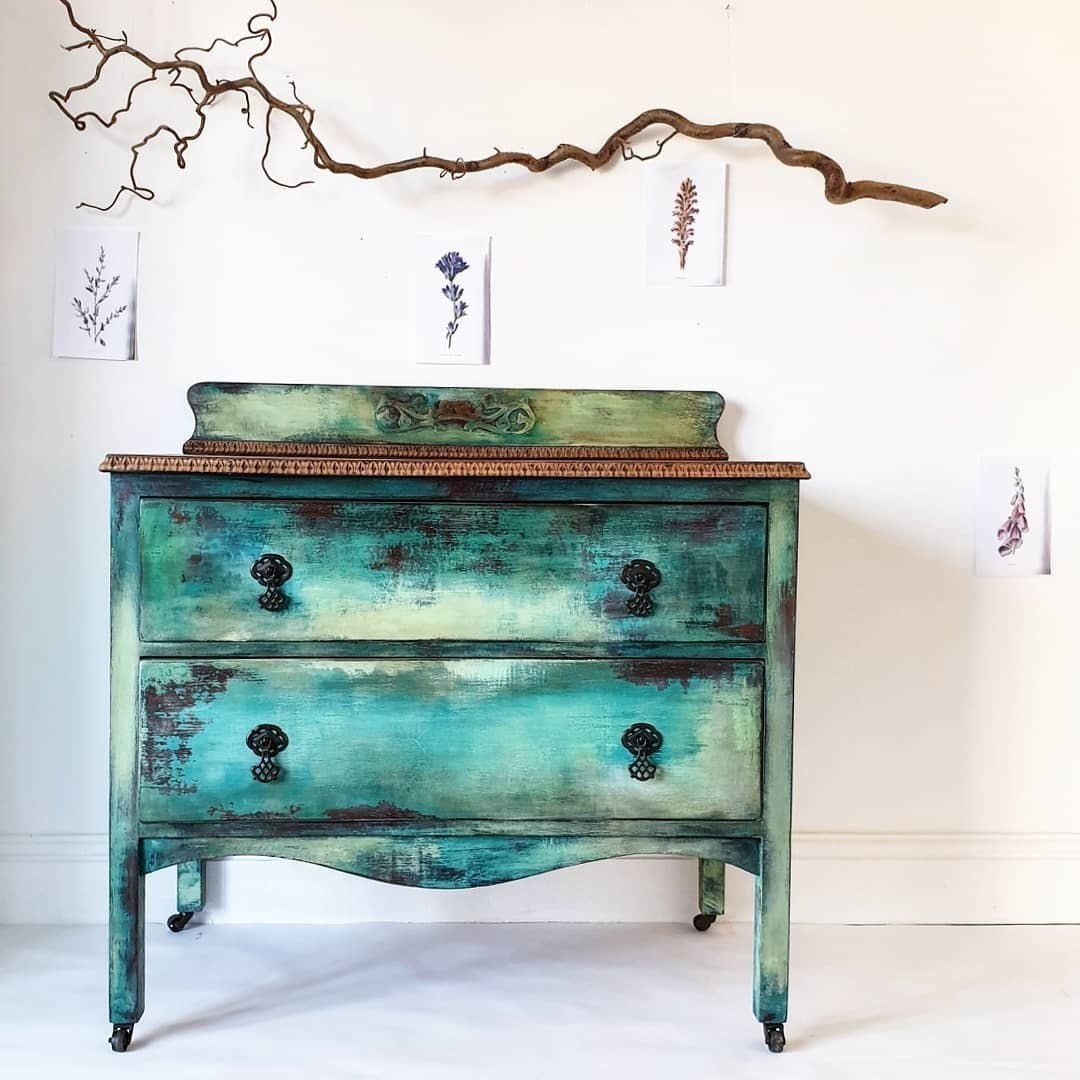 Vintage Upcycled Bohemian Hand Painted Oak Chest Of Drawers