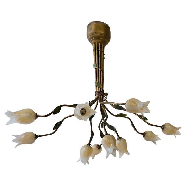 Two  Chandelier Pendant Lamp In Florentine Style With Glass Tulips Design