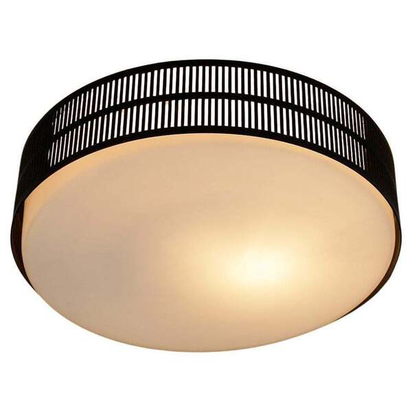 Austrian Midcentury Circular Black Metal And Opaline Glass Ceiling Lamp
