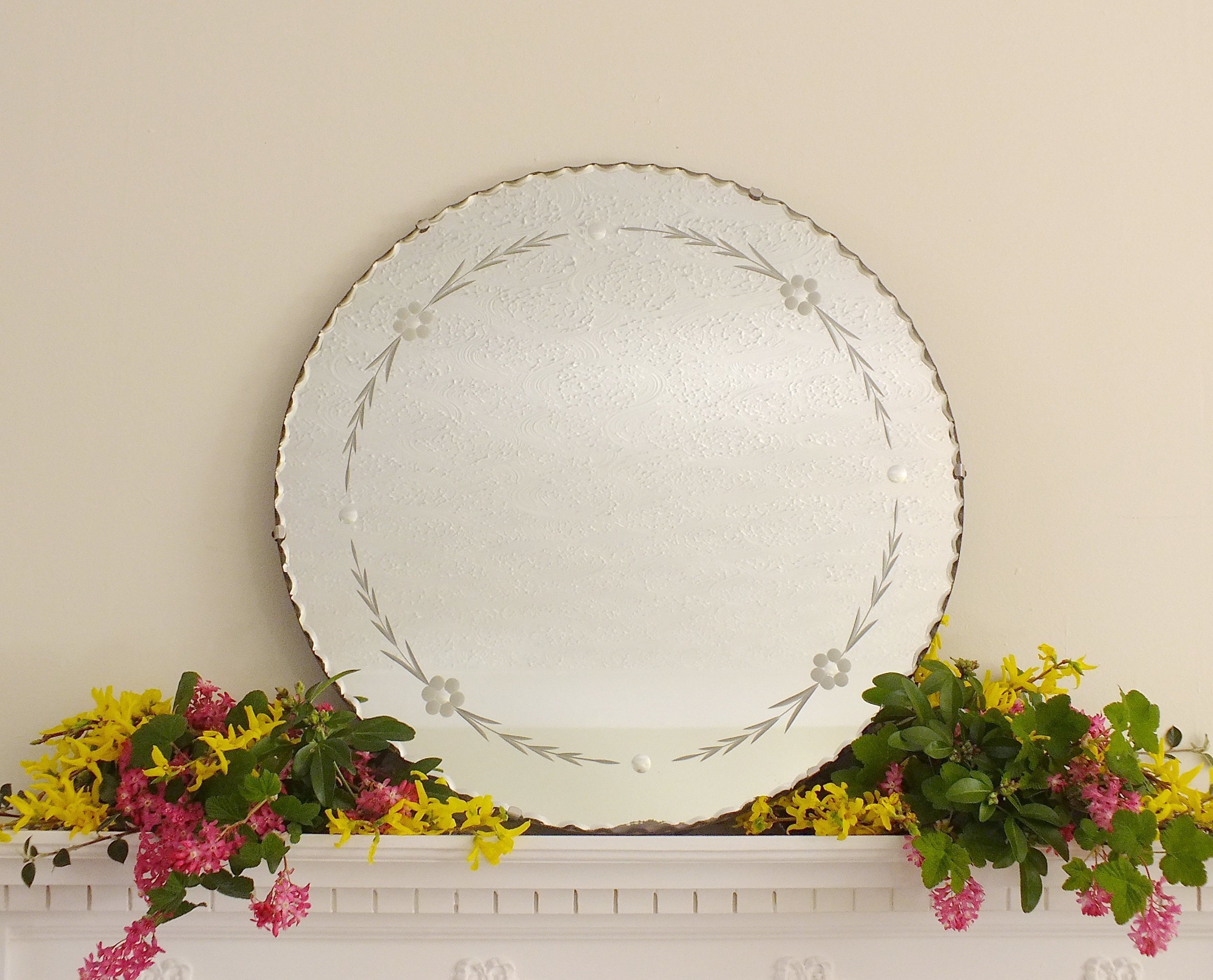 Antique Mirror Vintage Art Deco Frameless Round Piecrust Edge Flor