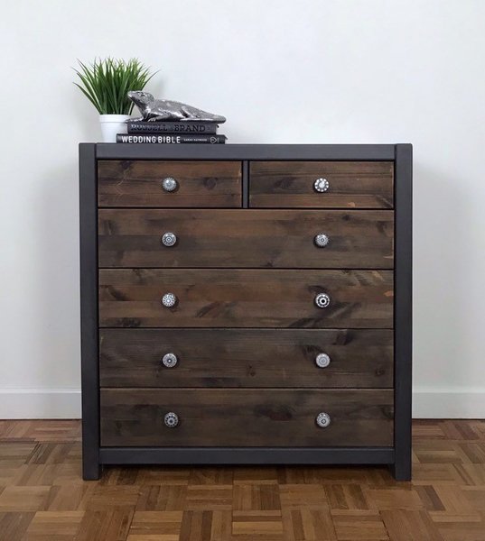 Dark Grey And Natural Wood Chest Of Drawers Hand Painted Grey