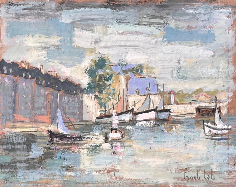 Fanch Lelfrench Impressionist Harbour Scene With Sailboats And Quayside Architecture