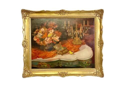 Large Still Life Painting With Flowers, Jewelry And Candelabra