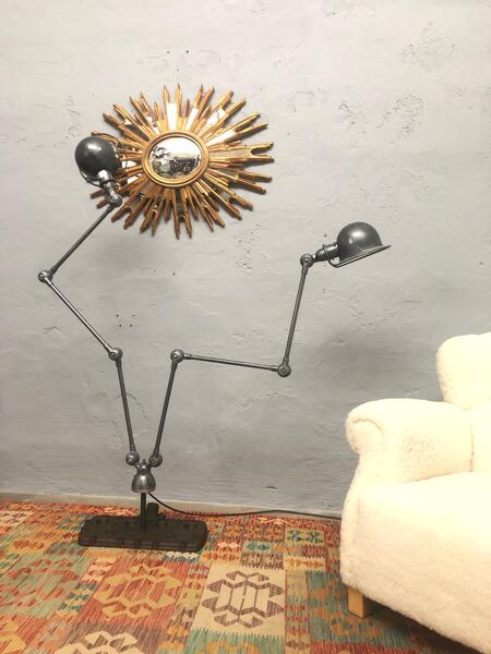 Vintage Jielde Double Armed Industrial Floor Lamp Mounted On To A V8 Flathead photo furniture