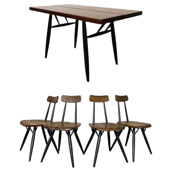 1950's, Set Of Table Red Brown Table Top And Four Pirkka Chairs By Tapiovaara