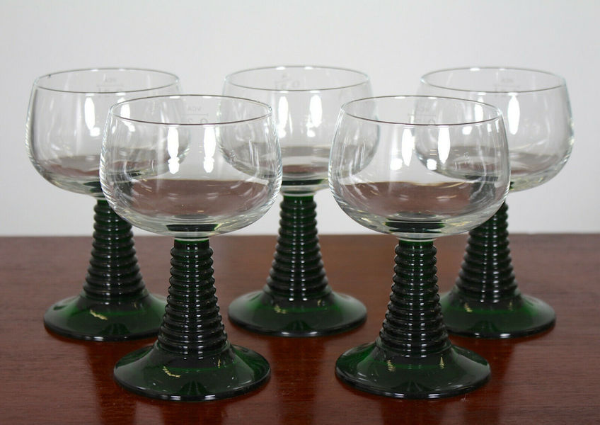5 Vintage Continental Glasses Ribbed Green Stems Drinking 30cl Goblets
