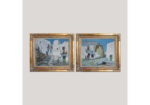 Ibizan Village Scenes – Pair Of Original Oil Paintings By Miquel Tort Masgrau