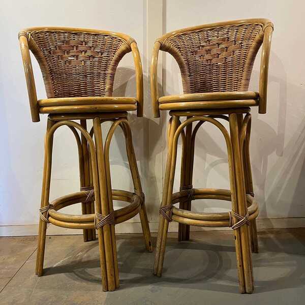 A Pair Of Bamboo And Wicker Revolving Bar Stools