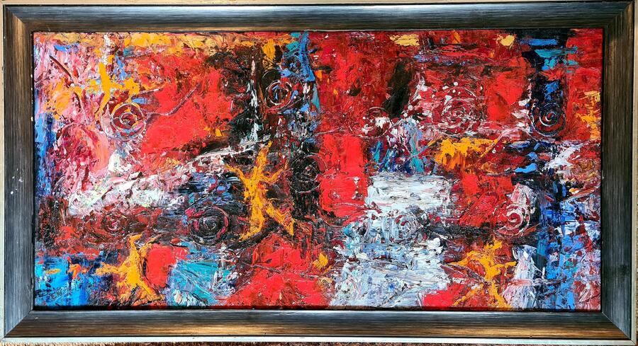 Abstract Expressionist Oil On Canvas, 'Convergence Symphony In Red & Orange' From After 1947 By Ernest Engel Pak