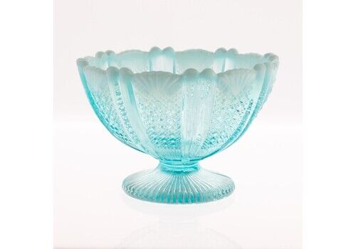 Antique Davidson Opalescent Victorian “Richelieu” Blue Pearline Pressed Glass Footed Bowl