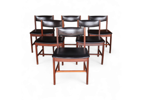 Set Of Six Mid Century Teak Archie Shine Black Leather Upholstered Dining Chairs